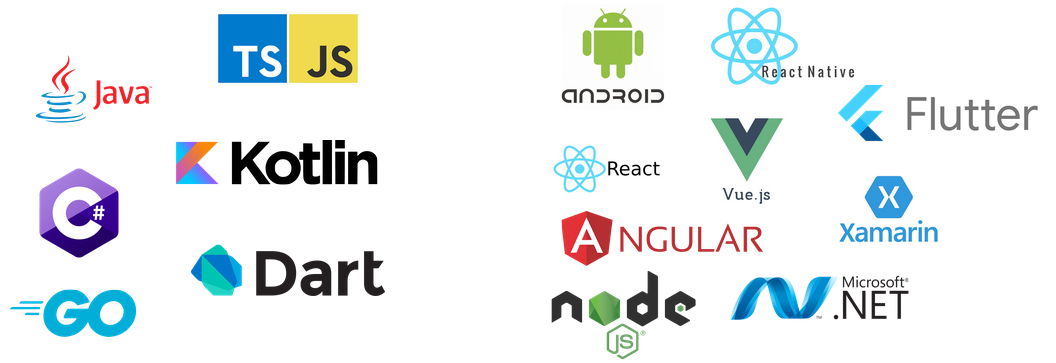 List of sdk (js java, c#, kotln dart, go) and platforms (react / react native, android studio, flutter, xamarin, angular, node, vuejs, microsoft.net)